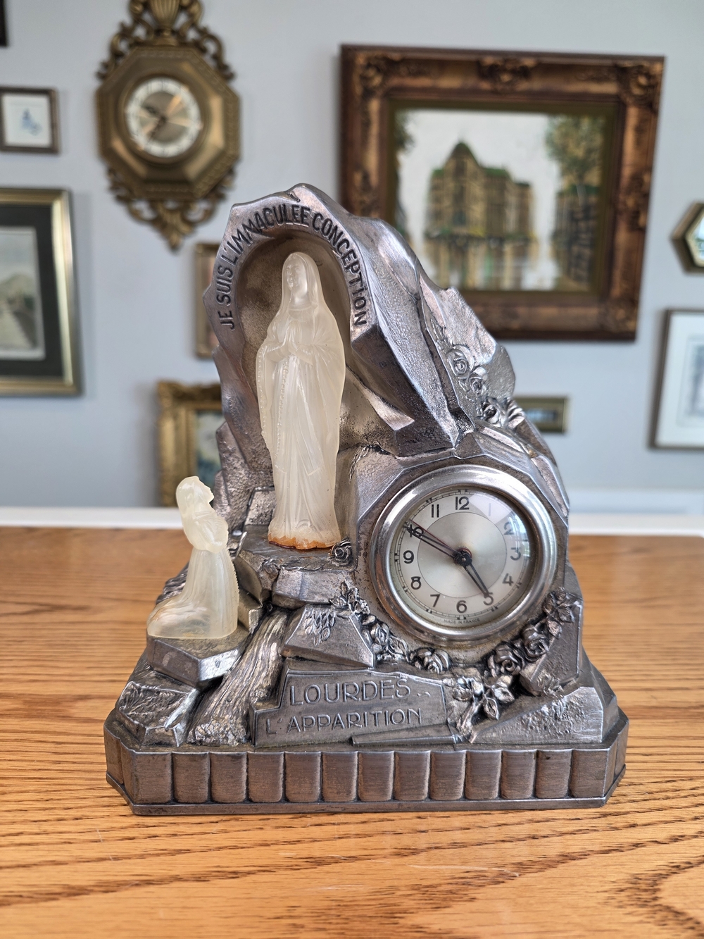 Vintage 1950s French Silver-Tone Religious Lourdes Clock & Music Box Figural